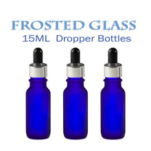 Load image into Gallery viewer, 3 FROSTED Cobalt BLUE 15ml Glass Boston Round Bottles w/ Silver Aluminum Glass Dropper 1/2 Oz LUXURY Cosmetic Packaging Serum Essential Oil