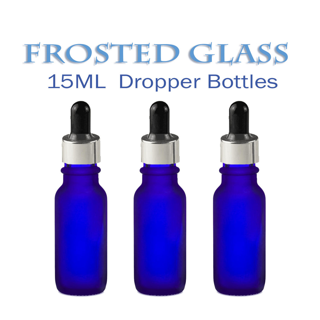 3 FROSTED Cobalt BLUE 15ml Glass Boston Round Bottles w/ Silver Aluminum Glass Dropper 1/2 Oz LUXURY Cosmetic Packaging Serum Essential Oil
