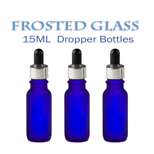 3 FROSTED Cobalt BLUE 15ml Glass Bottles w/ Aluminum Cap with Glass Dropper 1/2 Oz Elegant LUXURY Cosmetic Packaging Serum Essential Oil