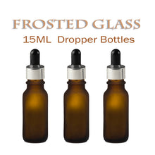 Load image into Gallery viewer, 12 FROSTED AMBER 15ml Glass Bottles w/ Metallic Gold Glass Dropper Pipette 1/2 Oz Upscale LUXURY Cosmetic Packaging, Serum Essential Oil