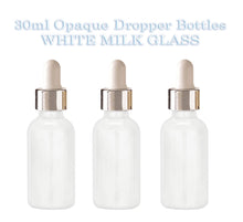 Load image into Gallery viewer, 12 White MILK GLASS 30ml Bottles Metallic Gold &amp; White Dropper 1 Oz