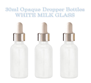 12 White MILK GLASS 30ml Bottles Metallic Gold & White Dropper 1 Oz