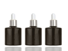 Load image into Gallery viewer, 6 Mini LUXURY 8ml Black Glass Bottles, Dropper Bottles with Shiny UPSCALE GOLD Caps for Perfume, Essential Oil, Serum, Samples 1/3 Oz