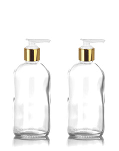 2 Elegant Clear 8 Oz GLASS LOTION PUMP Bottles Gold Metallic Caps,  Kitchen, Vanity,  Counter, Boutique,  Body Creme Shampoo, Hand Lotion