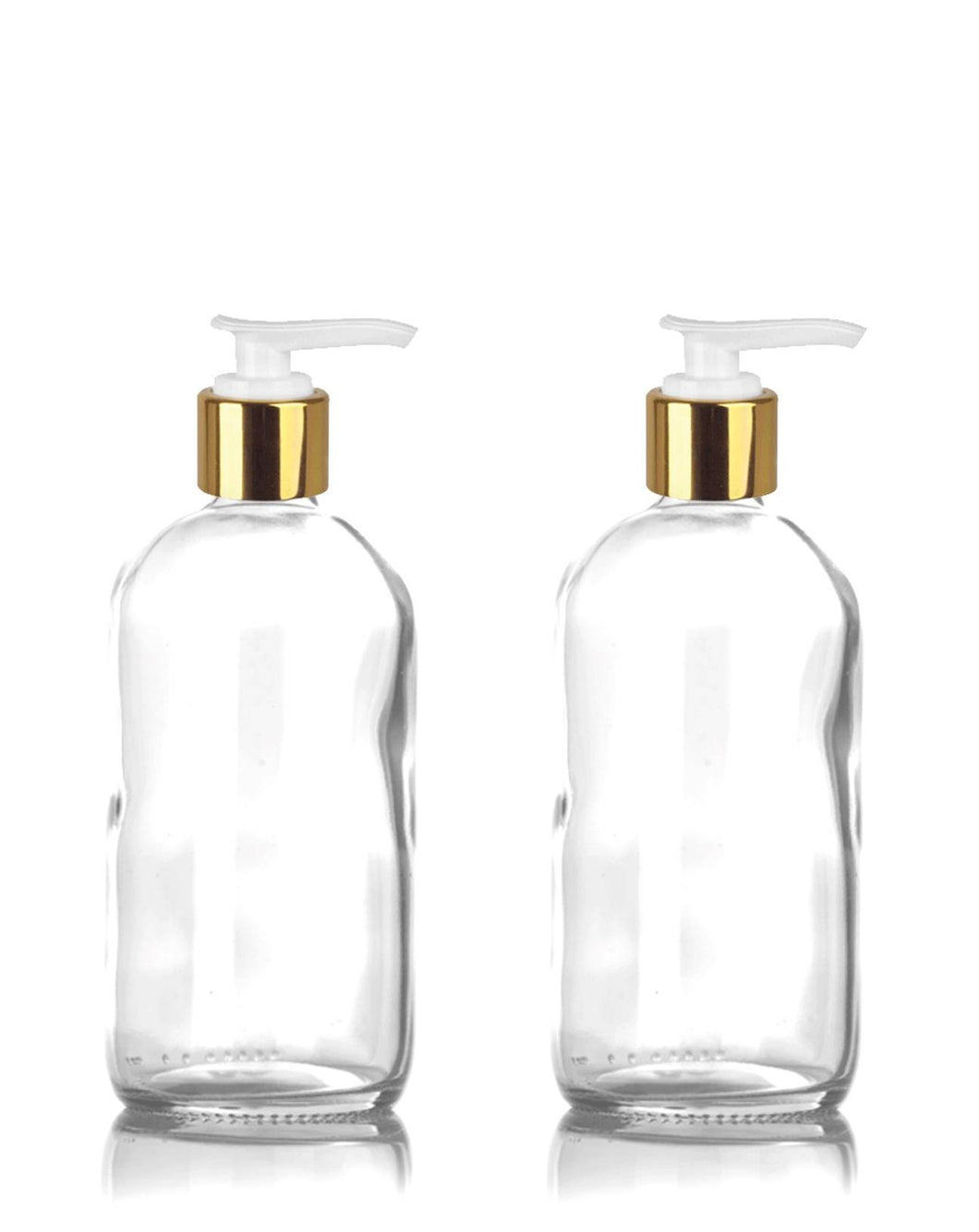 2 Elegant Clear GLASS LOTION PUMP Bottles Gold Metallic Caps,  Kitchen, Vanity,  Counter, Boutique, Vintage, Body Creme Shampoo, Hand Lotion