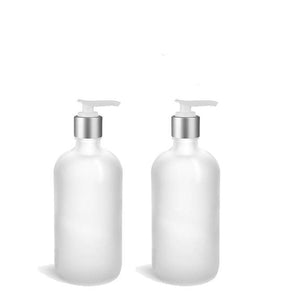 2 Pc Set Elegant FROSTED GLASS Lotion Pump Bottles Shiny SILVER Metallic Caps  Kitchen, Vanity  Counter, Boutique Vintage Body Creme Shampoo