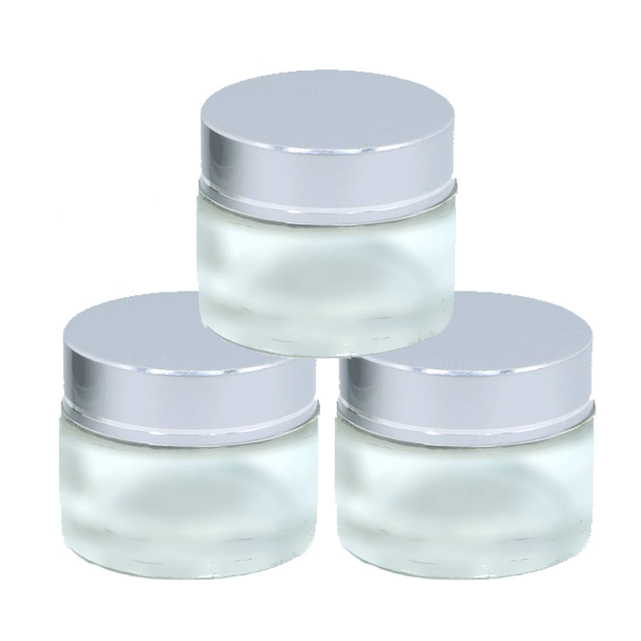 3 MINI Luxury 20ml FROSTED Glass Cosmetic Jars 20 ml w/ Premium Matte SILVER Caps Solid Perfume , Lip Scrub, Balm Salve, Anti-Aging 2/3 Oz