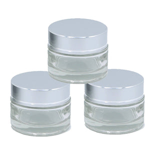 3 MINI Luxury 20ml FROSTED Glass Cosmetic Jars 20 ml w/ Premium Matte SILVER Caps Solid Perfume , Lip Scrub, Balm Salve, Anti-Aging 2/3 Oz