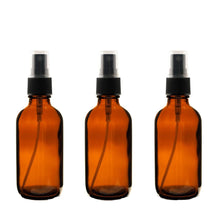 Load image into Gallery viewer, 3 BLUE 4 Oz GLASS Boston Round Bottles Essential Oil, Linen Spray, Perfume Fine Mist Sprayers with Plastic RIBBED Caps Diy Bath Body 120ml