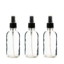 Load image into Gallery viewer, 3 CLEAR 4 Oz GLASS Boston Round Bottles Essential Oil, Linen Spray, Perfume Fine Mist Sprayers with Plastic RIBBED Caps Diy Bath Body 120ml