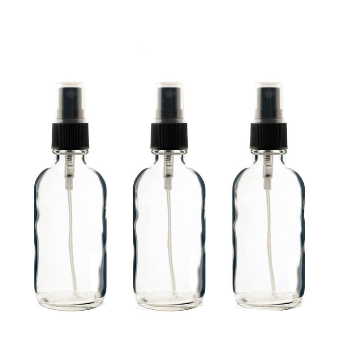 3 CLEAR 4 Oz GLASS Boston Round Bottles Essential Oil, Linen Spray, Perfume Fine Mist Sprayers with Plastic RIBBED Caps Diy Bath Body 120ml