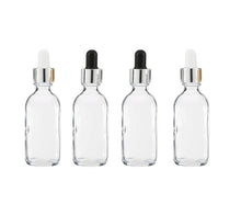 Load image into Gallery viewer, 6 CLEAR or FROSTED 60ml Glass Dropper Bottles w/ Shiny GOLD Metallic Aluminum Cap 2 Oz Cosmetic Private Label Packaging, Serum Essential Oil