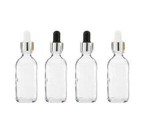 6 CLEAR or FROSTED 60ml Glass Dropper Bottles w/ Shiny GOLD Metallic Aluminum Cap 2 Oz Cosmetic Private Label Packaging, Serum Essential Oil