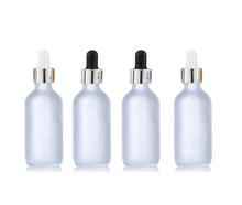 Load image into Gallery viewer, 6 CLEAR or FROSTED 60ml Glass Dropper Bottles w/ Shiny GOLD Metallic Aluminum Cap 2 Oz Cosmetic Private Label Packaging, Serum Essential Oil