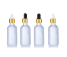 Load image into Gallery viewer, 100 FROSTED /Clear 60ml Glass Dropper Bottles w/ MATTE GOLD Metallic Aluminum Cap 2 Oz Cosmetic Private Label Packaging Serum Essential Oil