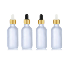 50 FROSTED /Clear 60ml Glass Dropper Bottles w/ MATTE GOLD Metallic Aluminum Cap 2 Oz Cosmetic Private Label Packaging Serum Essential Oil