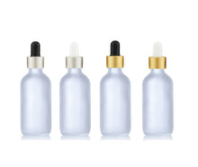 Load image into Gallery viewer, 12 FROSTED or Clear 60ml Glass Dropper Bottles w/ MATTE GOLD Metallic Aluminum Cap 2 Oz Cosmetic Private Label Packaging Serum Essential Oil