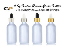 Load image into Gallery viewer, 3 Clear or FROSTED 60ml Glass Dropper Bottles w/ MATTE GOLD Metallic Aluminum Cap 2 Oz Cosmetic Private Label Packaging, Serum Essential Oil