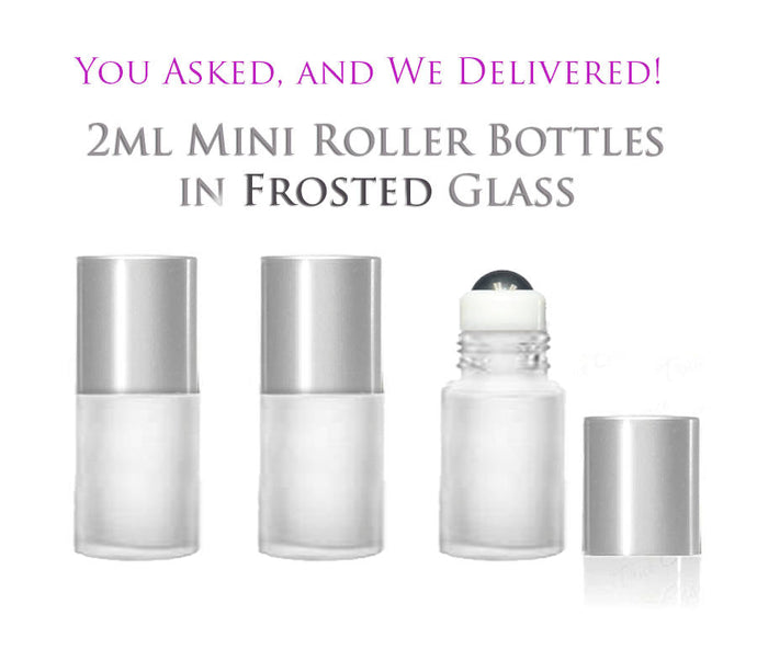 6 FROSTED Mini Glass RollerBall Bottles 2ml Rollon with MATTE SILVER Caps Glass or Steel Rollers Refillable Rollon Empty- Essential Oil Safe