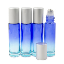 Load image into Gallery viewer, 6 pcs OMBRE BLUE LAGOoN 10ml Glass Roll On Bottles Glass, Steel Rollers SHiNY SiLVER Aluminum Caps Luxury Private Label Essential Oil Blends