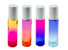 Load image into Gallery viewer, TROPICAL RAINBOW Set of OMBRE 10ml Glass Roll On Bottles Glass or Steel Roller Luxury Solid Matte Silver Aluminum Cap Essential Oil Blends