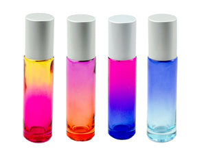 TROPICAL RAINBOW Set of OMBRE 10ml Glass Roll On Bottles Glass or Steel Roller Luxury Solid Matte Silver Aluminum Cap Essential Oil Blends