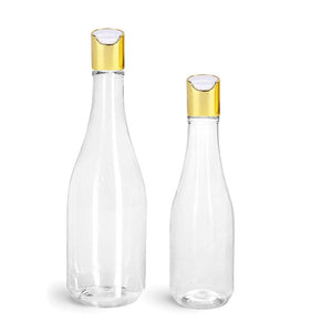 6 Empty 8 or 14.5 Oz Clear Plastic Teardrop Woozy Bottles with PREMIUM Metal Shell GOLD or SILVER Disc Caps DIY Lotion Body Oil