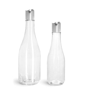 3 Empty 8 or 14.5 Oz Clear Plastic Teardrop Woozy Bottles with Premium Metal Shell GOLD or SILVER Disc Caps DIY Lotion Body Oil