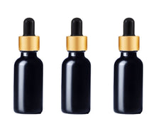 Load image into Gallery viewer, 24 BLACK FROSTED Premium 1 Oz Glass Boston Round Shiny Gold/Black Dropper Bottle 30ml Medicine Pipette Oil Serums, Essential Oils Dispensing