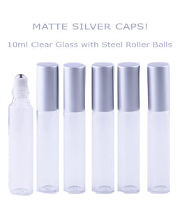 12 LUXURY MATTE SILVER Caps Long Slim Glass 10ml Clear Roll-on, Roller Perfume Bottles Metal Ball 1/3 Oz Essential Oil, Lip Gloss, 10 ml