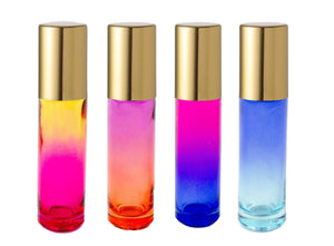 TROPICAL RAINBOW Set of OMBRE 10ml Glass Roll On Bottles Glass or Steel Roller Luxury Solid Shiny Gold! Aluminum Cap Essential Oil Blends