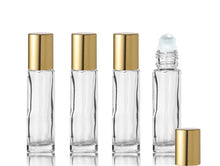 Load image into Gallery viewer, Essential Oil Rollers ON SALE! 12 LUXURY 10ml Clear Bottles w/ Shiny Gold Caps 1/3 Ounce Glass or Steel Rollers Premium Gold Aluminum Caps