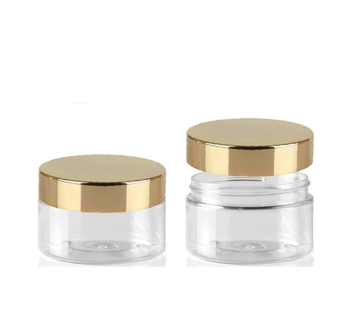 12 LUXURY 4 Oz Low Profile Clear 4 Oz PET Plastic Jars 120ml w/ Premium Shiny GOLD Aluminum Metal Overshell Caps High End Body Cream Scrubs