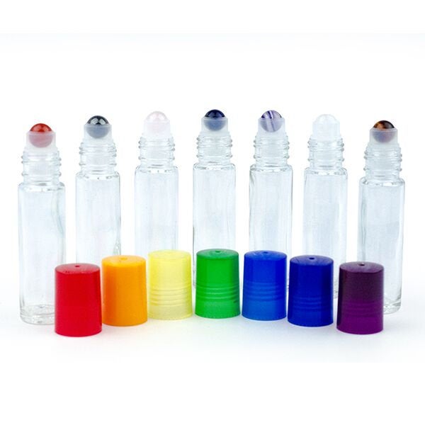 7 pcs CHAKRA SET Natural GEMSTONE Roller Balls Amber or Clear 10ml Glass Roller Bottles Premium Rollon Chakra Colored Caps Essential Oil