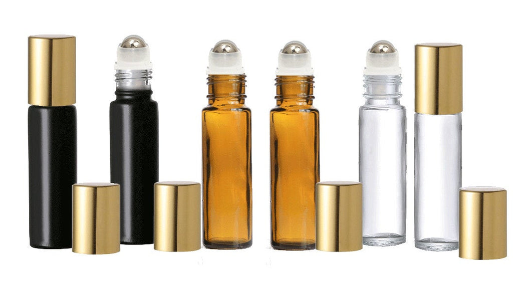 12 pcs 10ml Glass Roll-on Bottles ROYAL COLORS w/ GOLD Caps Perfume Aromatherapy Essential Oil Stainless Steel or Glass Premium Roller Balls
