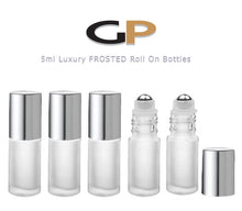 Load image into Gallery viewer, 6 FROSTED 5ml PREMIUM Roll On Bottles Stainless Steel Roller Balls 5 ml  1/6 Oz Essential Oil Perfume Lip Gloss Shiny Gold or Silver Cap