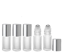 Load image into Gallery viewer, 24 FROSTED 5ml PREMIUM Roll On Bottles Stainless Steel Roller Balls 5 ml  1/6 Oz Essential Oil Perfume Lip Gloss Shiny Gold or Silver Cap
