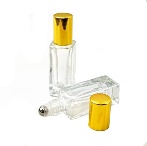 24 LUXURY SQUARE Slim 5ml Clear Glass Roll-on, Gold Caps Roller Perfume Bottles Stainless STEEL Ball Fitment, 1/6 Oz Essential Oil,  5 ml