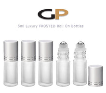 Load image into Gallery viewer, 6 FROSTED 5ml Premium Roll On Bottles with GOLD or SILVER Cap Stainless Steel Roller Balls 5 ml  1/6 Oz Essential Oil Perfume Lip Gloss