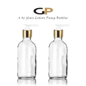 6 Clear 120ml Glass Bottles w/ Matte GOLD Lotion Pumps 4 Oz LUXURY Cosmetic Shampoo Hand Soap Body Lotion Packaging, Hair Care Vanity