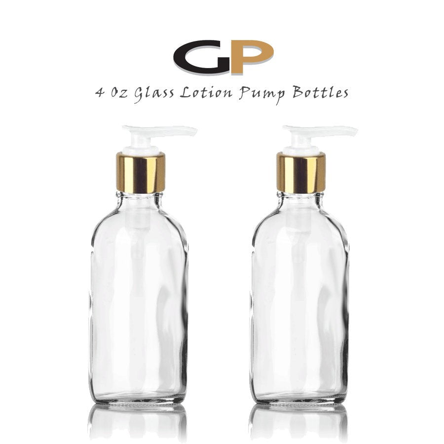 6 Clear 120ml Glass Bottles w/ Matte GOLD Lotion Pumps 4 Oz LUXURY Cosmetic Shampoo Hand Soap Body Lotion Packaging, Hair Care Vanity