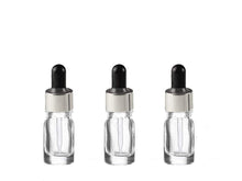 Load image into Gallery viewer, 100 Clear Glass 5ml LUXURY Dropper Bottle, Empty Euro/Boston Round 1/6 Ounce Shiny Metallic Cap Serum Essential Oil Eliquid Refillable 5 ml