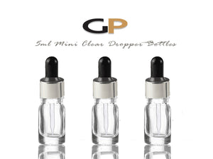 6 Clear Glass 5ml LUXURY Dropper Bottle,  Empty Euro/Boston Round 1/6 Ounce Shiny Metallic Cap
