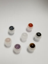Load image into Gallery viewer, 7 pcs CHAKRA SET Natural GEMSTONE Roller Balls Amber or Clear 10ml Glass Roller Bottles Premium Rollon Chakra Colored Caps Essential Oil
