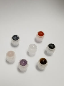 7 pcs CHAKRA SET Natural GEMSTONE Roller Balls Amber or Clear 10ml Glass Roller Bottles Premium Rollon Chakra Colored Caps Essential Oil