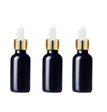 Load image into Gallery viewer, 12 BLACK FROSTED Premium 1 Oz Glass Boston Round Shiny Gold/Black Dropper Bottle 30ml Medicine Pipette Oil Serums, Essential Oils Dispensing