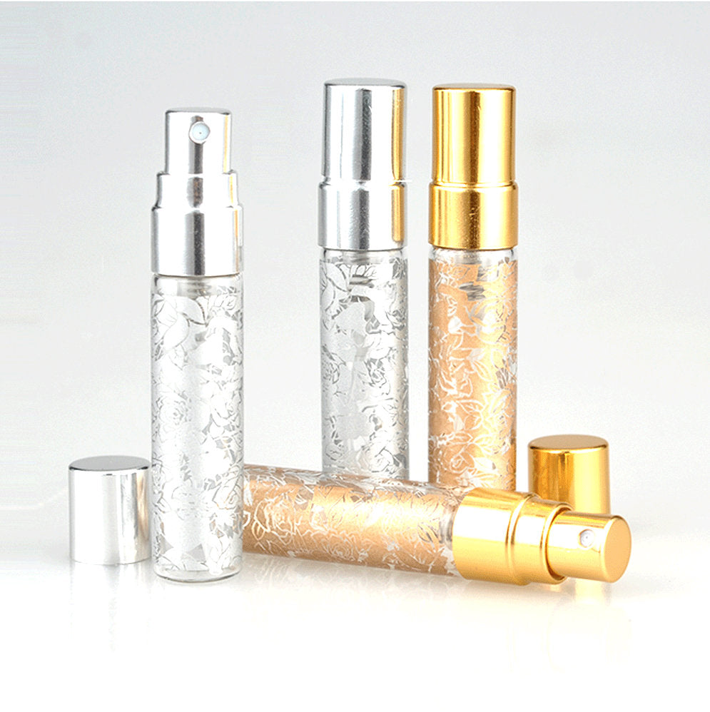 6 GOLD or SILVER Printed Glass 5ml Fine Mist Atomizer Bottles 5 ml w/ Metallic Spray Mist Cap Perfume Cologne Travel Size Sample Party Favor