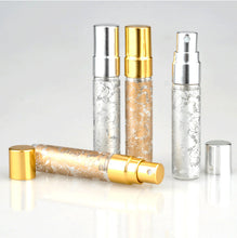 Load image into Gallery viewer, 6 GOLD or SILVER Printed Glass 5ml Fine Mist Atomizer Bottles 5 ml w/ Metallic Spray Mist Cap Perfume Cologne Travel Size Sample Party Favor