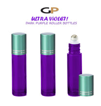Load image into Gallery viewer, 24 ULTRA VIOLET PREMIUM 10ml Roll On Bottles Metal Stainless Steel Roller Ball Luxury Aluminum Your Choice Caps Essential Oil Blends Perfume