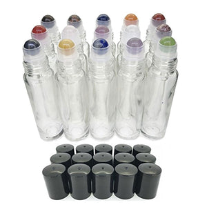 15pc Gemstone Set in AMBER Glass LUXURY 10ml Roll On Bottles Chakras, Essential Oil Blends Amethyst, Sodalite, Rose Quartz, Aventurine Jade